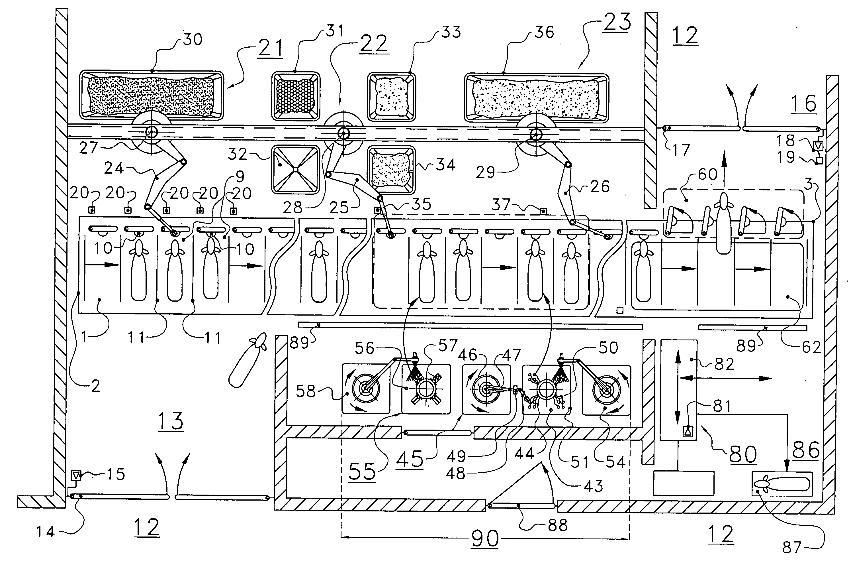 Assembly for and a method of feeding and milking animals, a feed platform, a milking pre-treatment device, a milking post-treatment device, a cleaning device, a separation device and a milking system all suitable for use in such an assembly