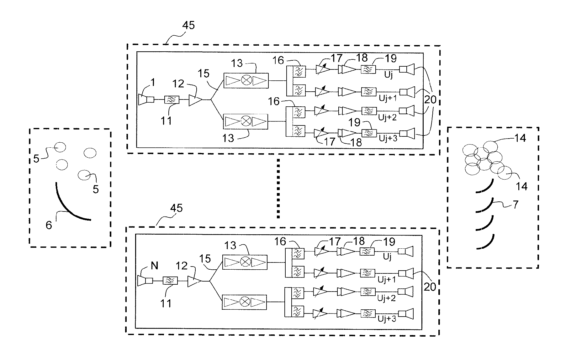 Multi-Spot Transmission and Reception System on Board a Satellite and Satellite Comprising Such a System