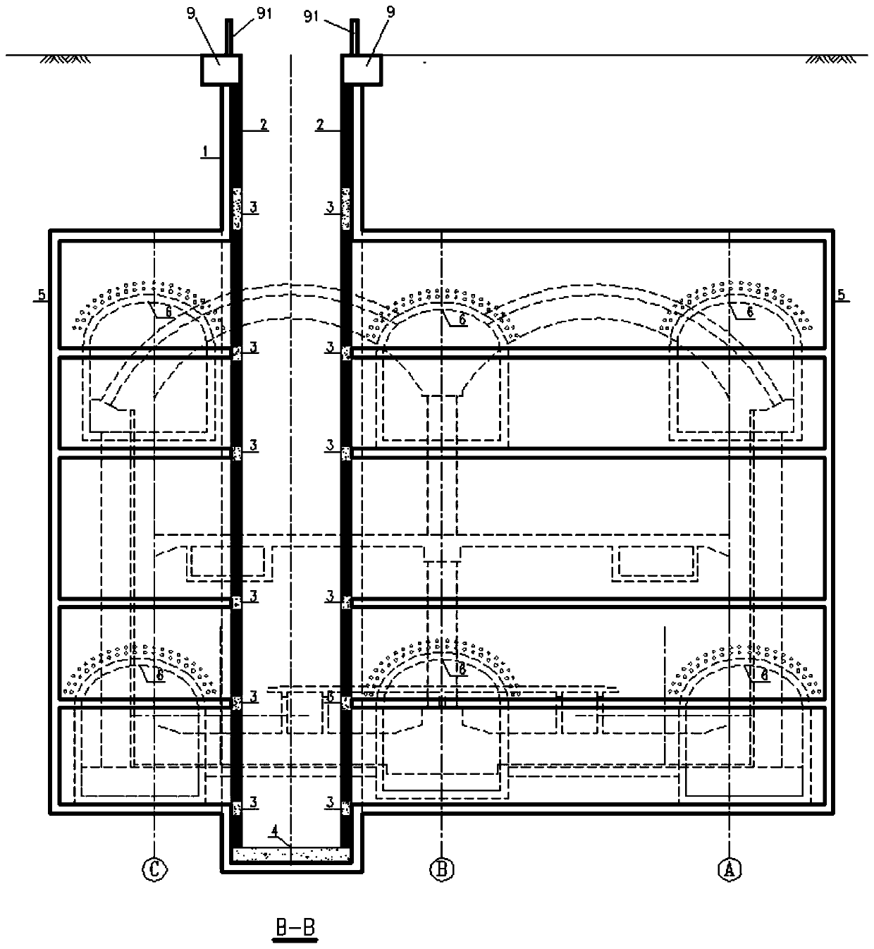 Four-way-bottom construction vertical shaft arranged above underground excavation station and construction method