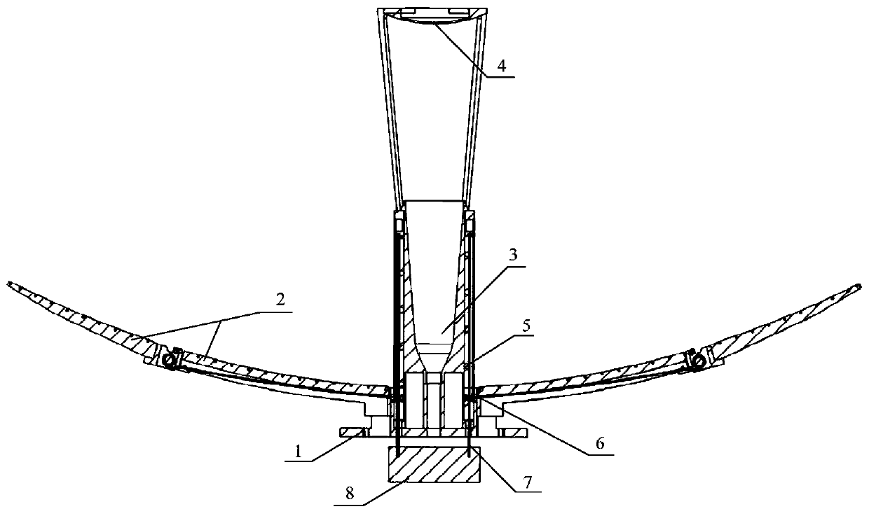 Rope-driven umbrella-shaped Cassegrain antenna main and auxiliary surface stable unfolding mechanism