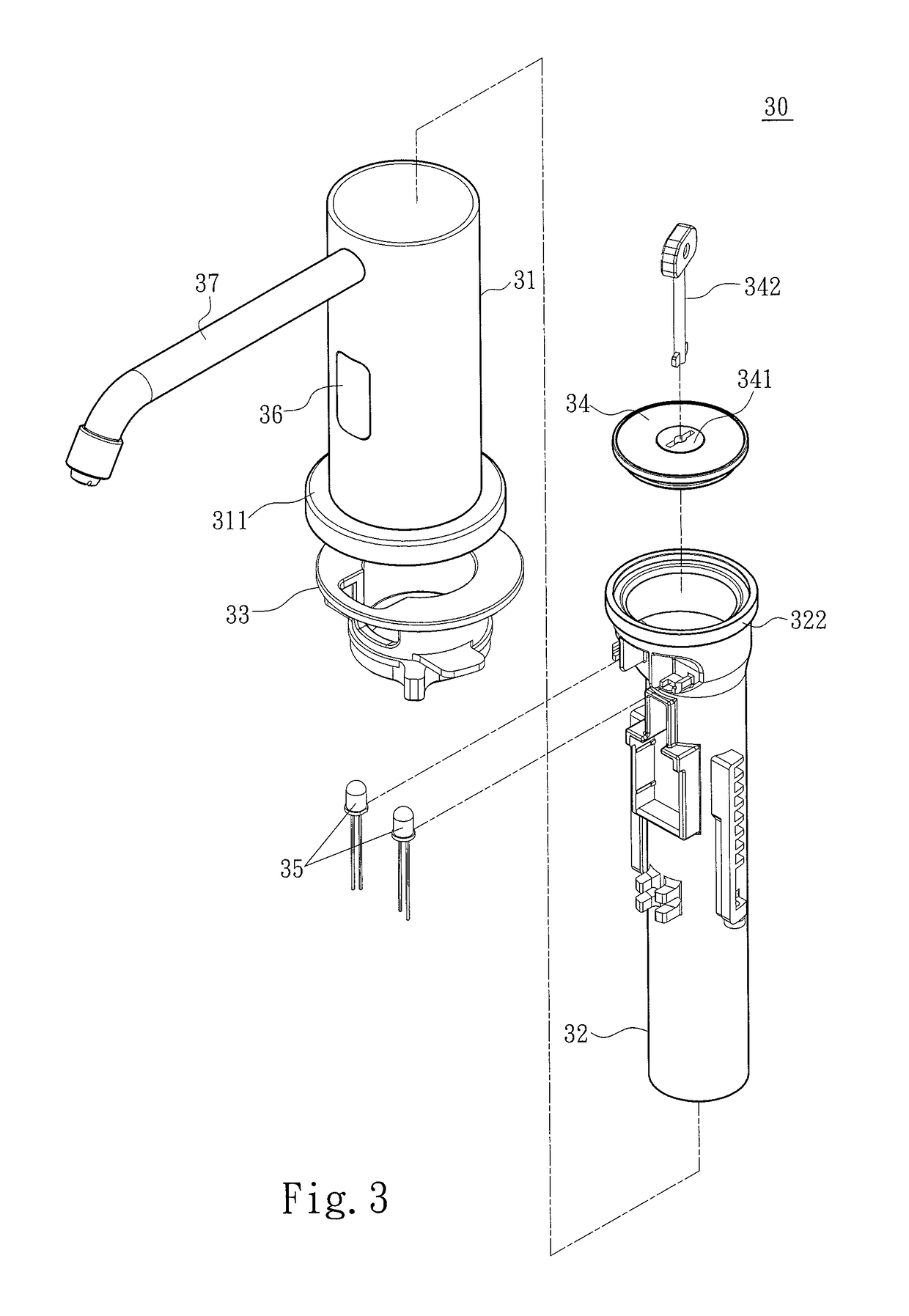 Mesa-type soap dispensing device having soap replenishing notification function