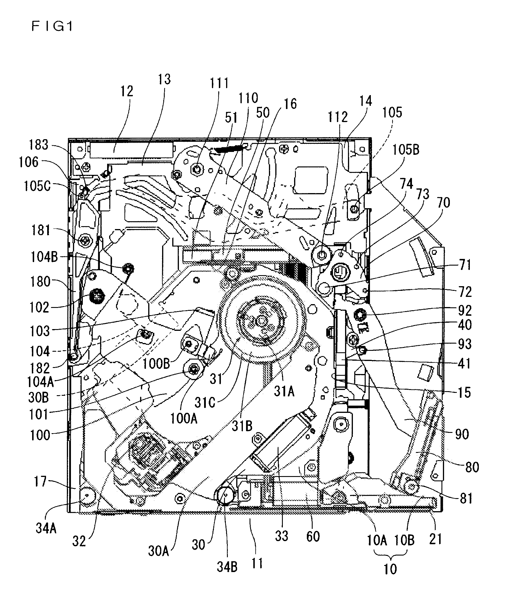 Slot-in type disk apparatus in which a disk is directly operated by a lever