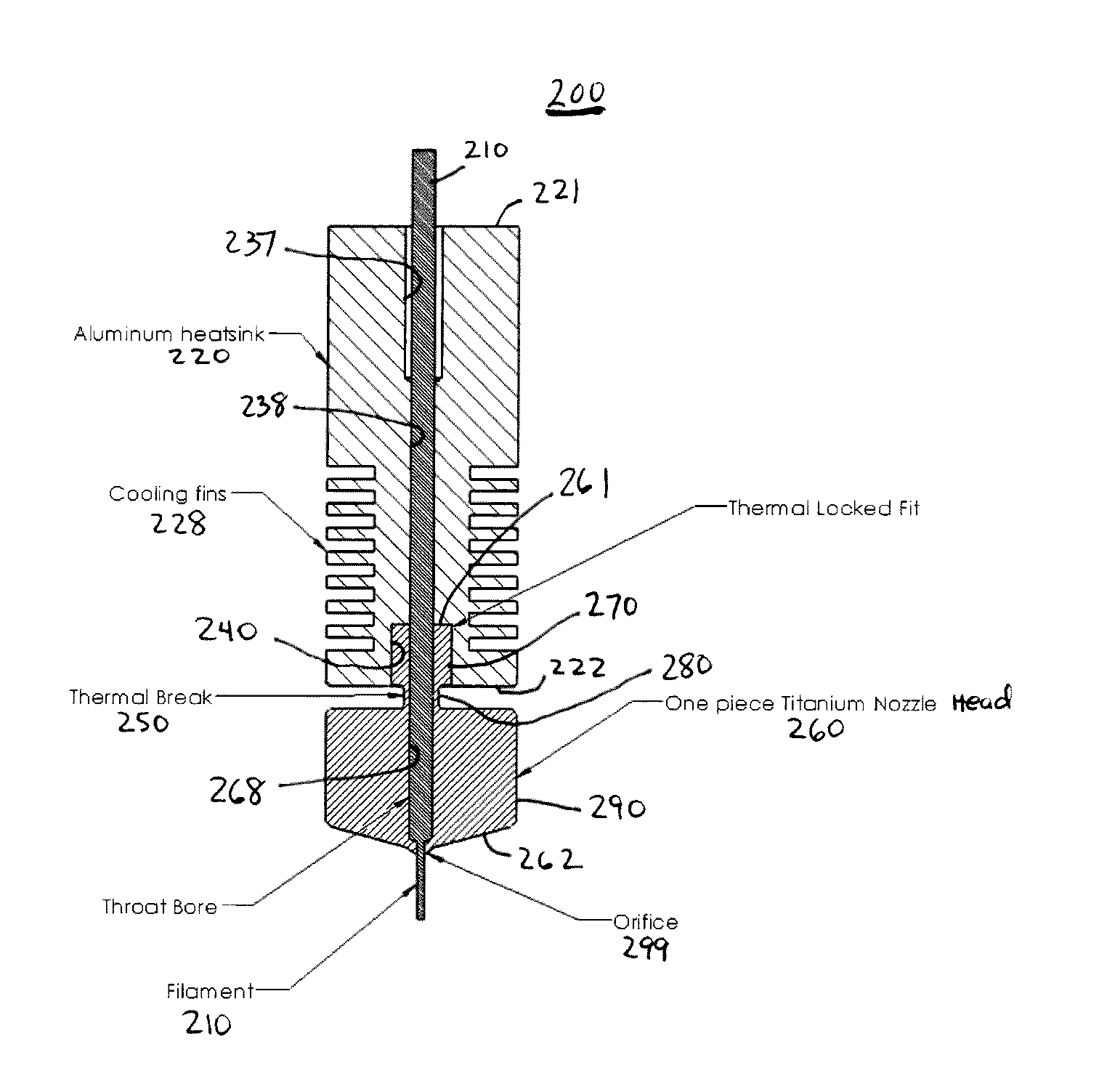 Nozzle system with monolithic nozzle head for fused filament fabrication additive manufacturing and method of manufacturing same