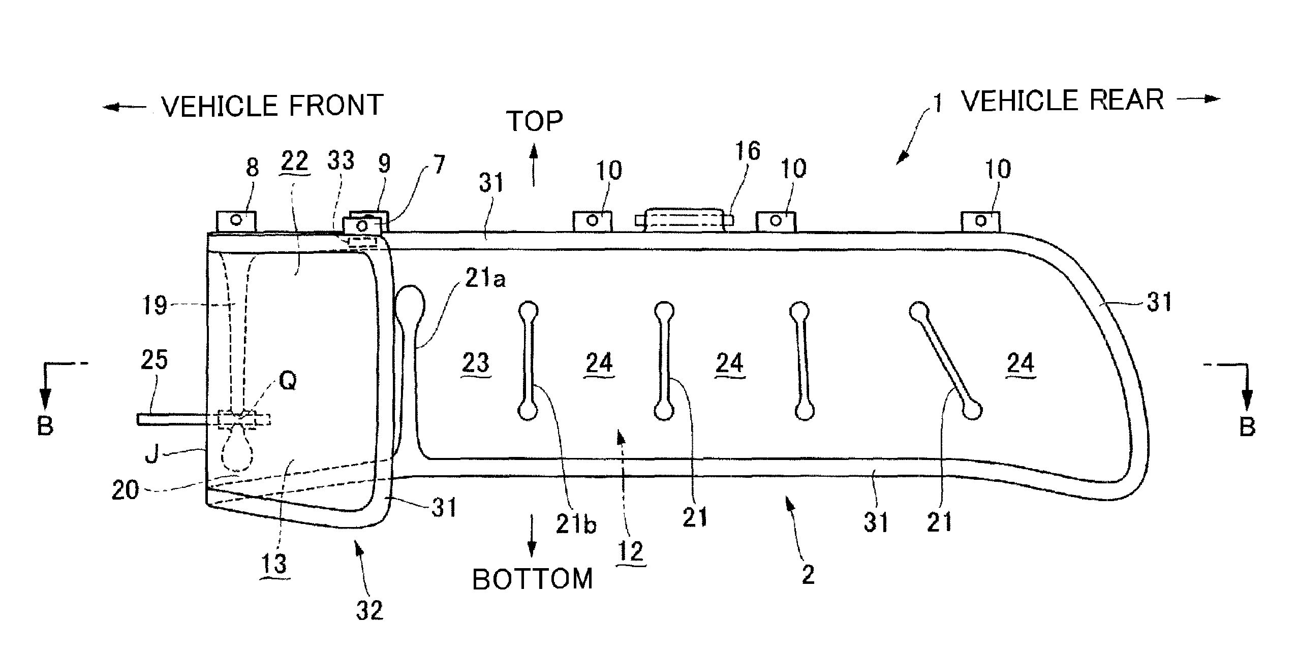Vehicular curtain air-bag device, and mounting structure for same