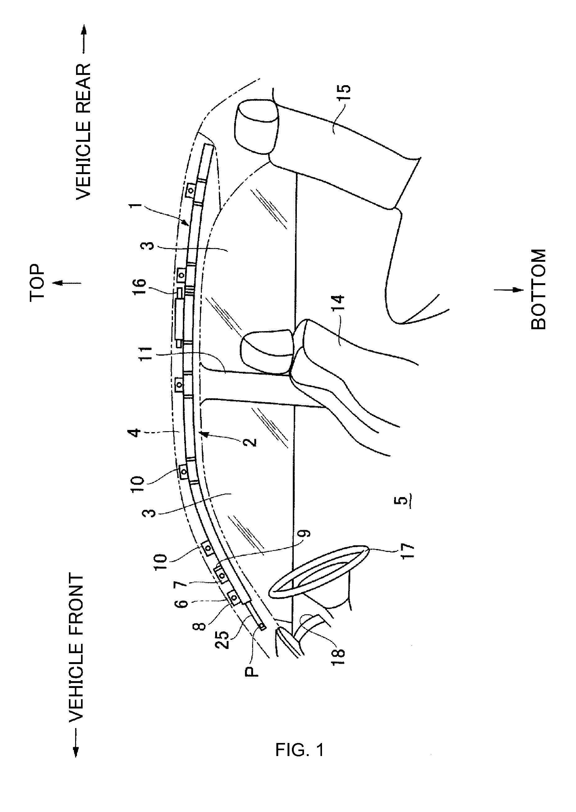 Vehicular curtain air-bag device, and mounting structure for same