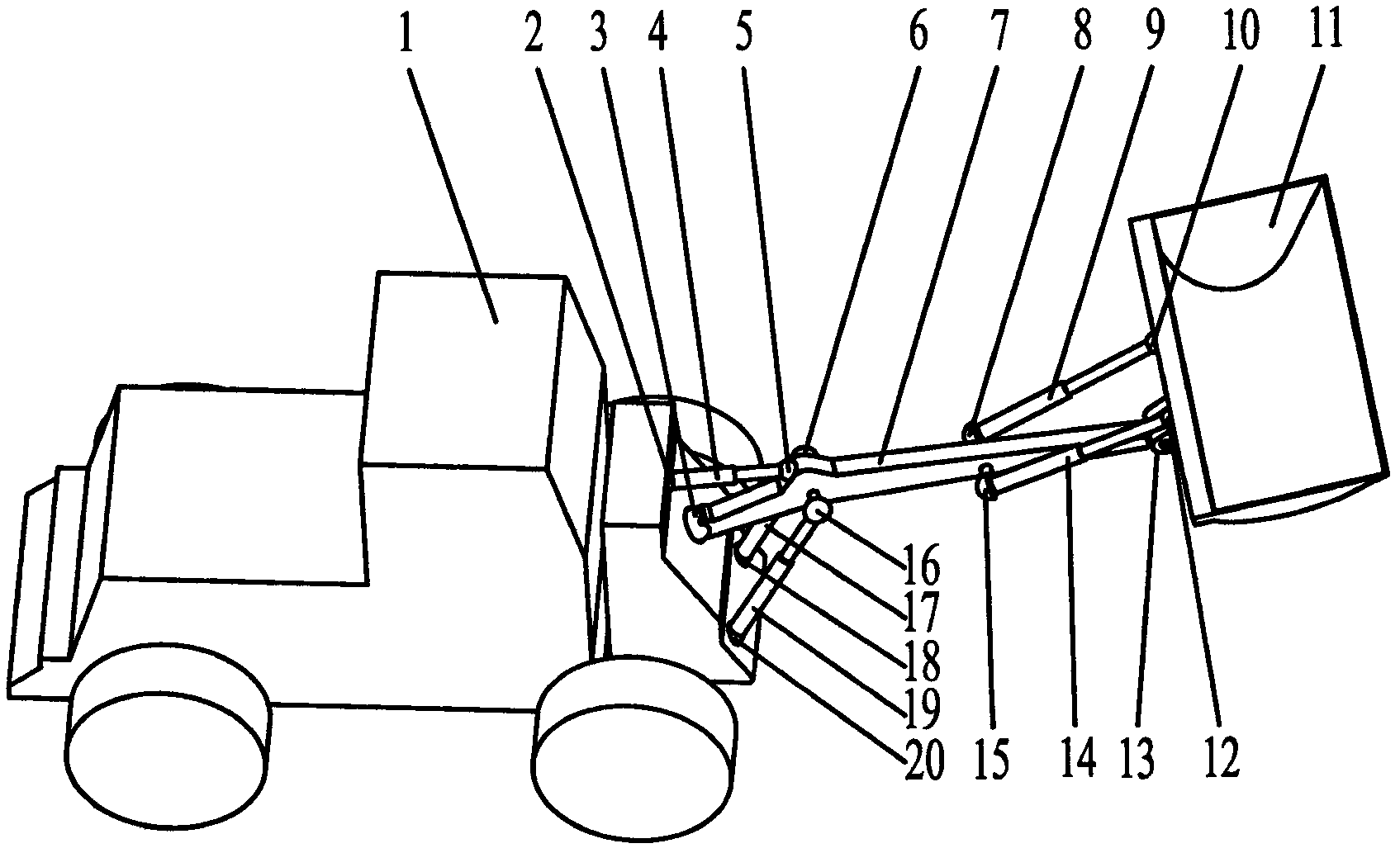 Space five-mobility hydraulic loader with three-dimensional rotation output movable arm