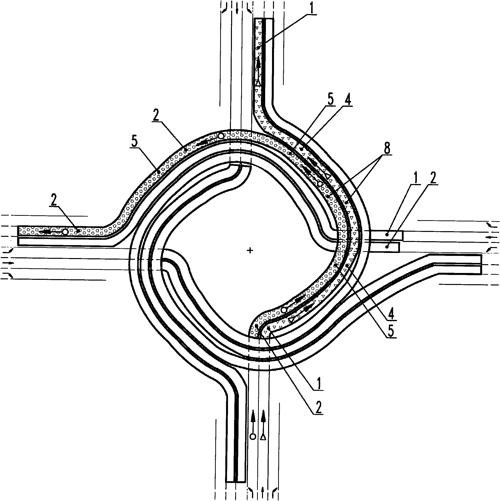 Completely unblocked composite structure consisting of eight single bridges at right-hand intersection