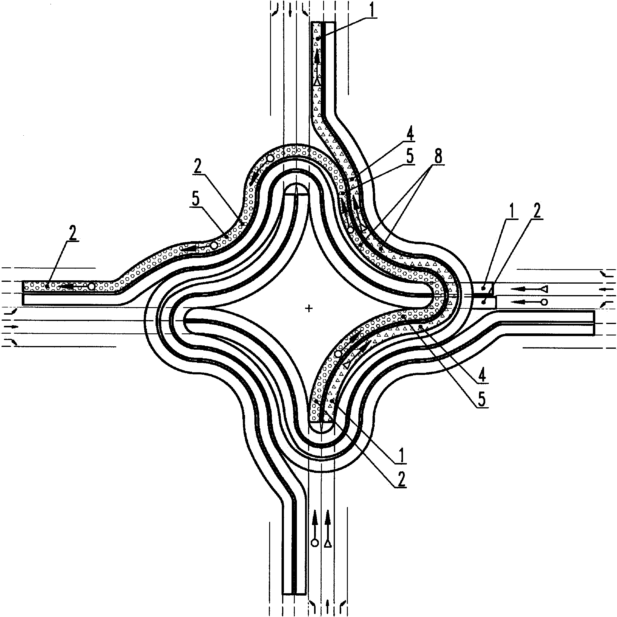 Completely unblocked composite structure consisting of eight single bridges at right-hand intersection