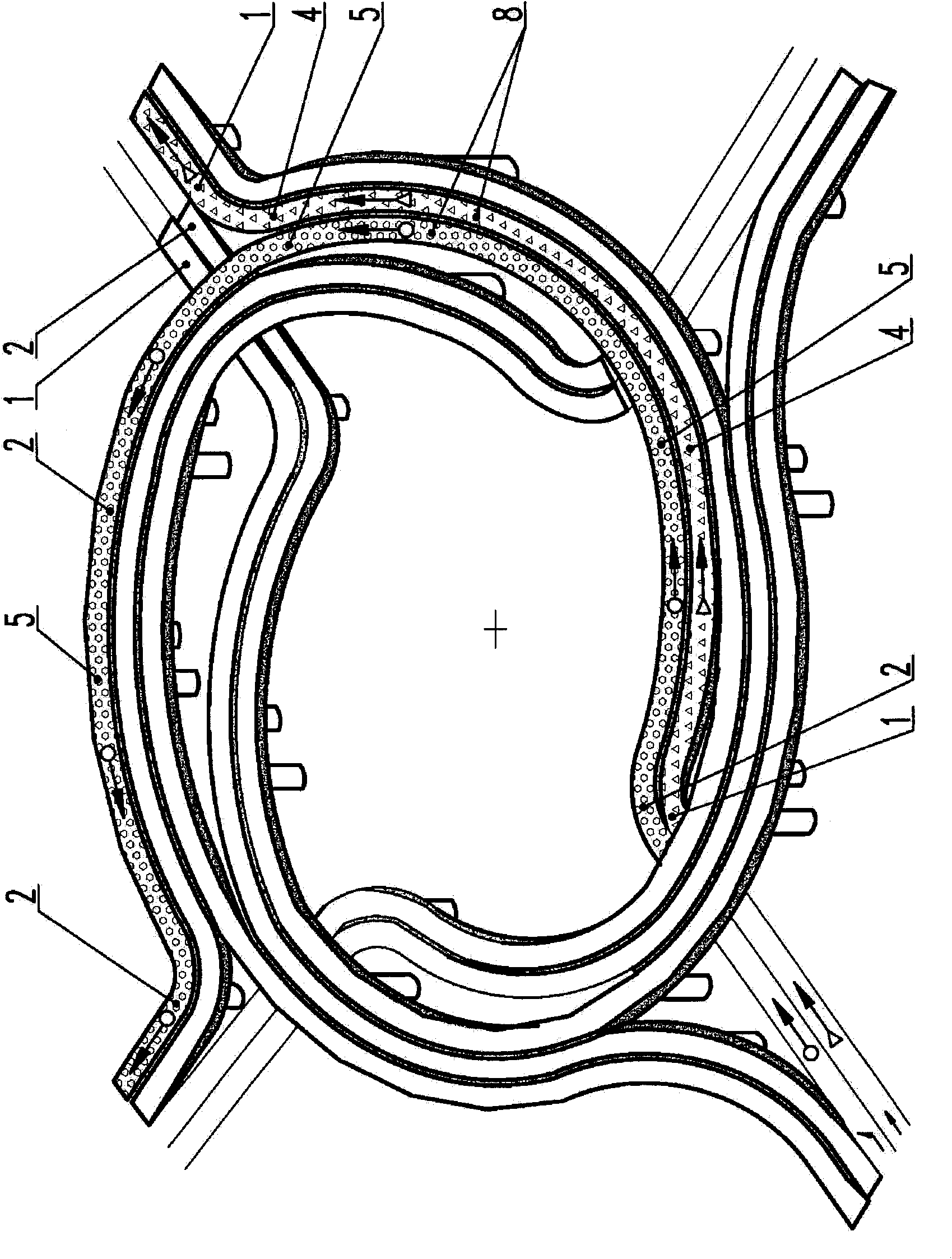 Completely unblocked composite structure consisting of eight single bridges at right-hand intersection