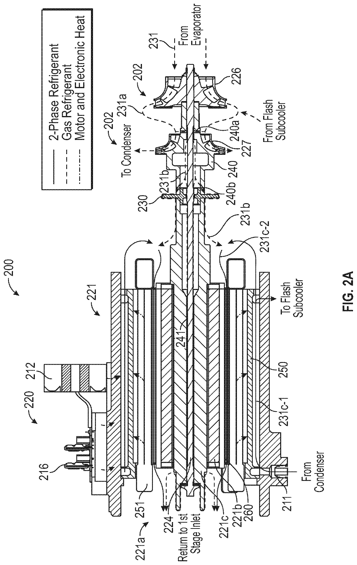 Multistage compressor having interstage refrigerant path split between first portion flowing to end of shaft and second portion following around thrust bearing disc