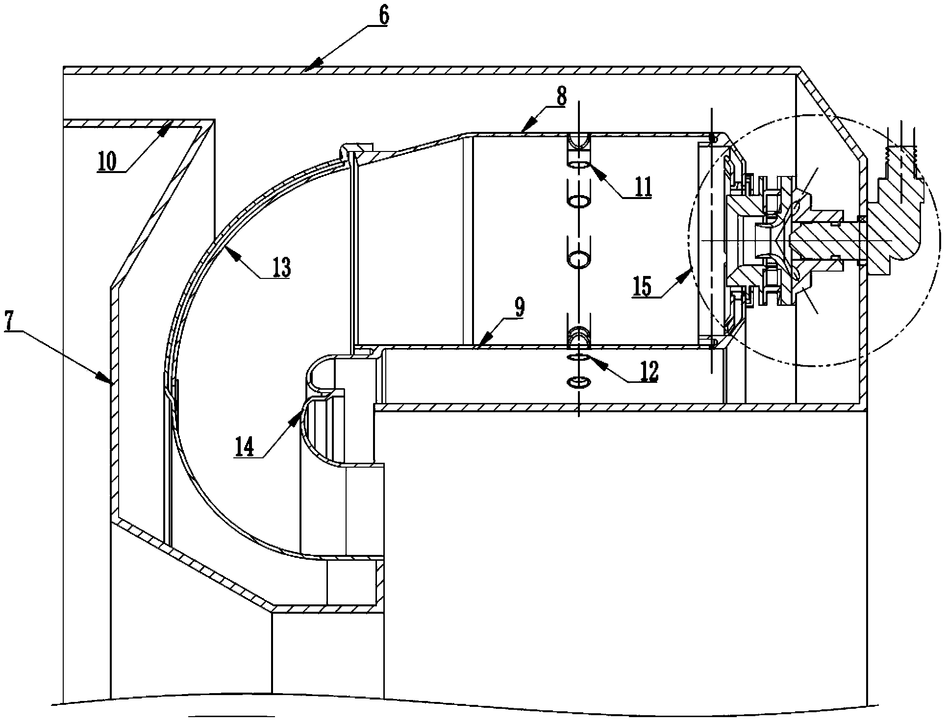 Beveling main combustion hole rotation aiding low-pollution backflow combustion chamber