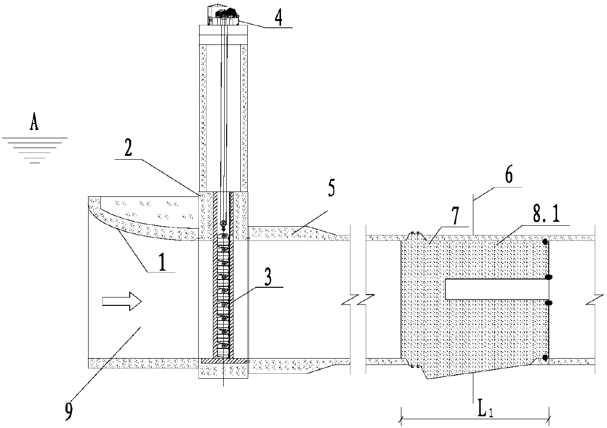 Flow guide tunnel by utilizing permanent plug head section joint gate opening and plugging arrangement and method