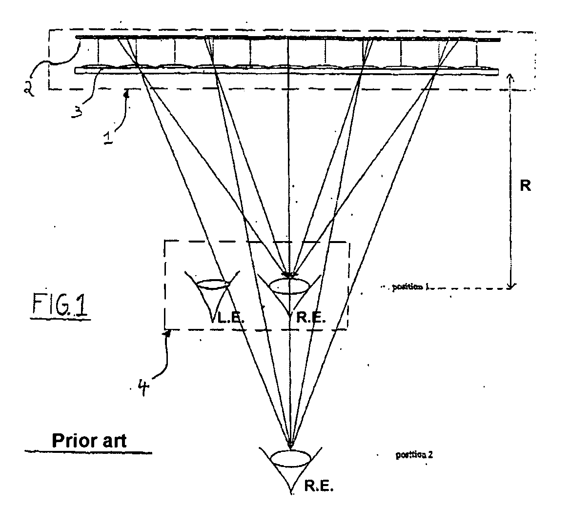 Method and Device for Autosterioscopic Display With Adaptation of the Optimal Viewing Distance