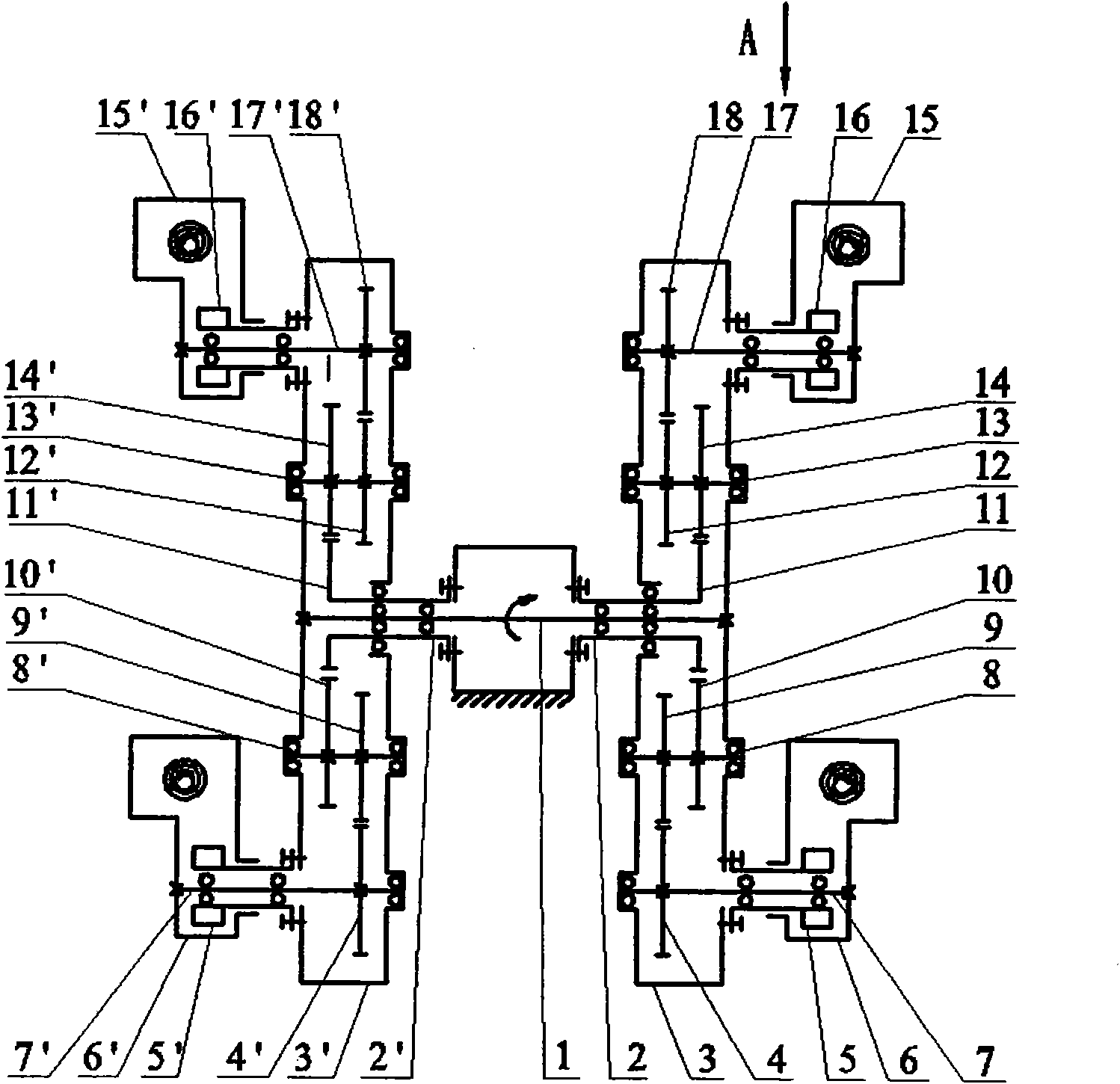 Split-transplanting mechanism of transplanting machine for transmitting wide and narrow rows by bevel gear