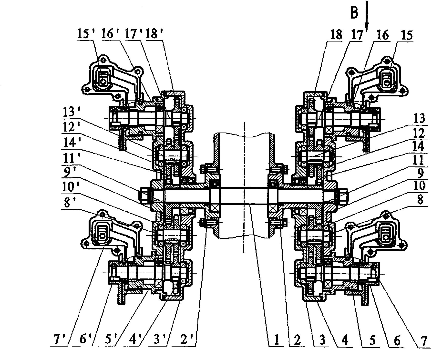 Split-transplanting mechanism of transplanting machine for transmitting wide and narrow rows by bevel gear