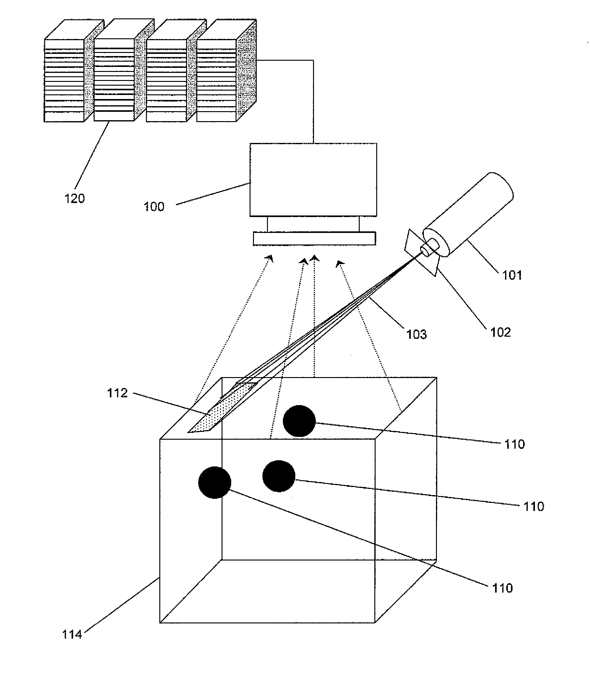 Method and System for Non-Contact Fluorescence Optical Tomography with Patterned Illumination