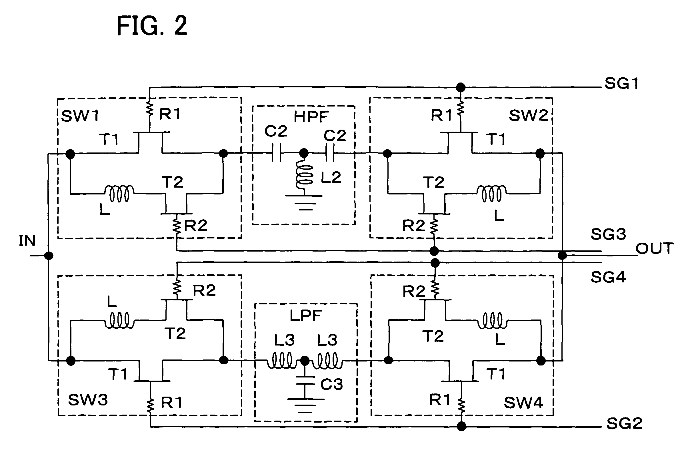 Switchable high pass filter/low pass filter phase shifter having a switch circuit with FETs connected in parallel