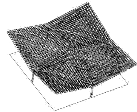 Super-large span peripheral simply-supported prestressed double-layer and three-layer combined torsional reticulated shell structure