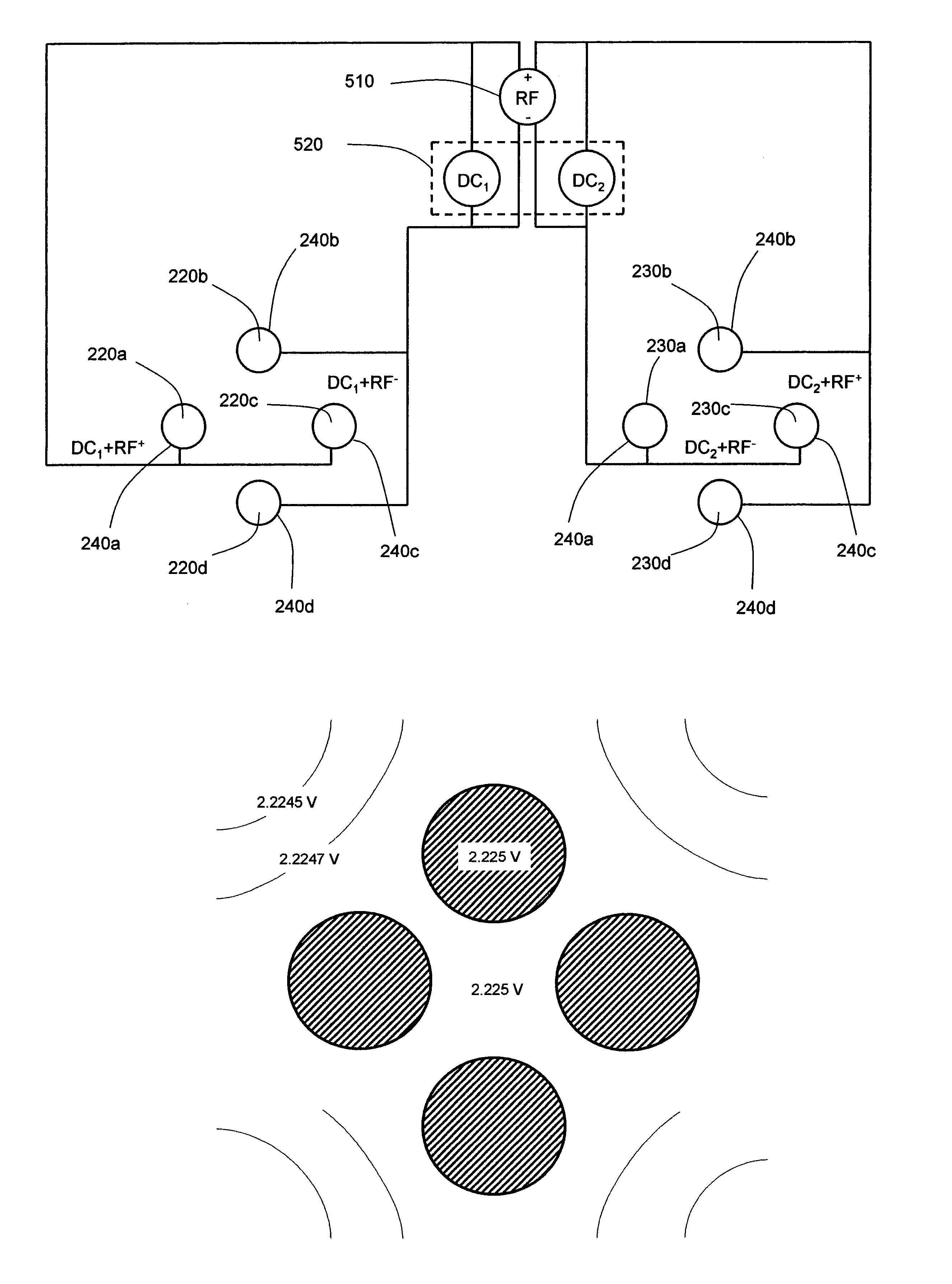 Generation of combination of RF and axial DC electric fields in an RF-only multipole