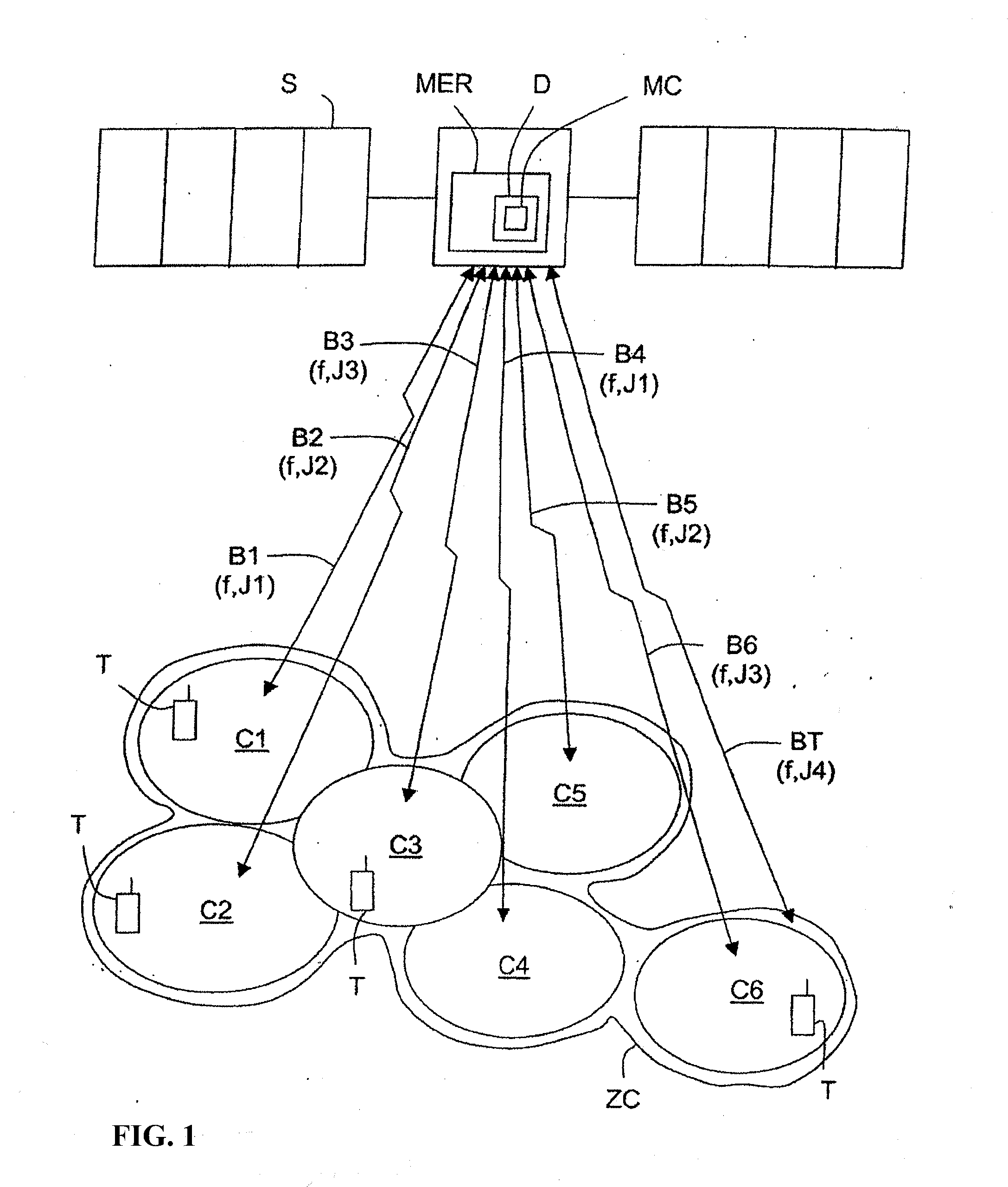 Device and Method for Processing Data by Modulating Sets of Spreading Pseudocodes as a Function of Data Destination Cells for a Multi-Beam Communication Satellite