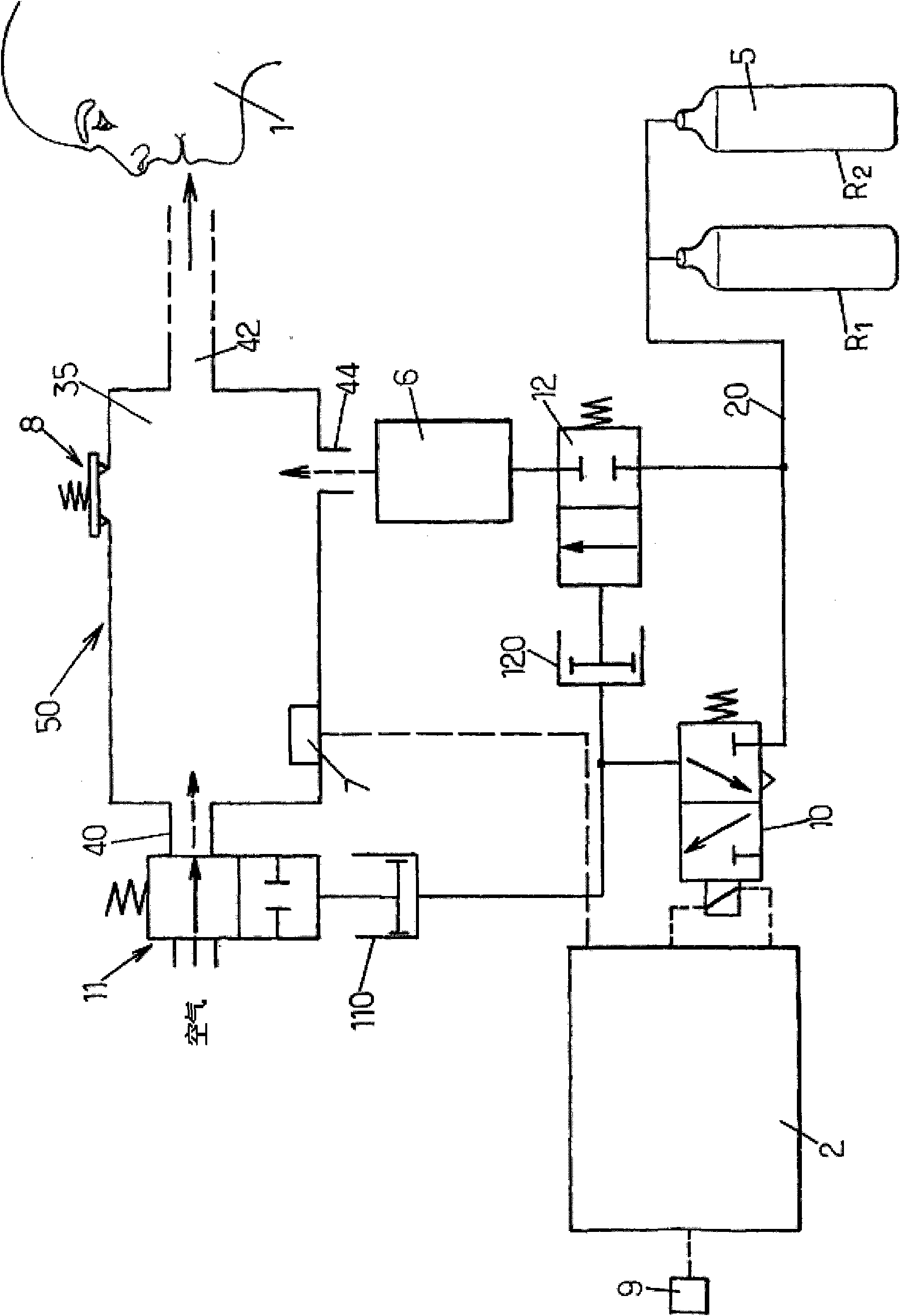A respiratory gas supply circuit to feed crew members and passengers of an aircraft with oxygen