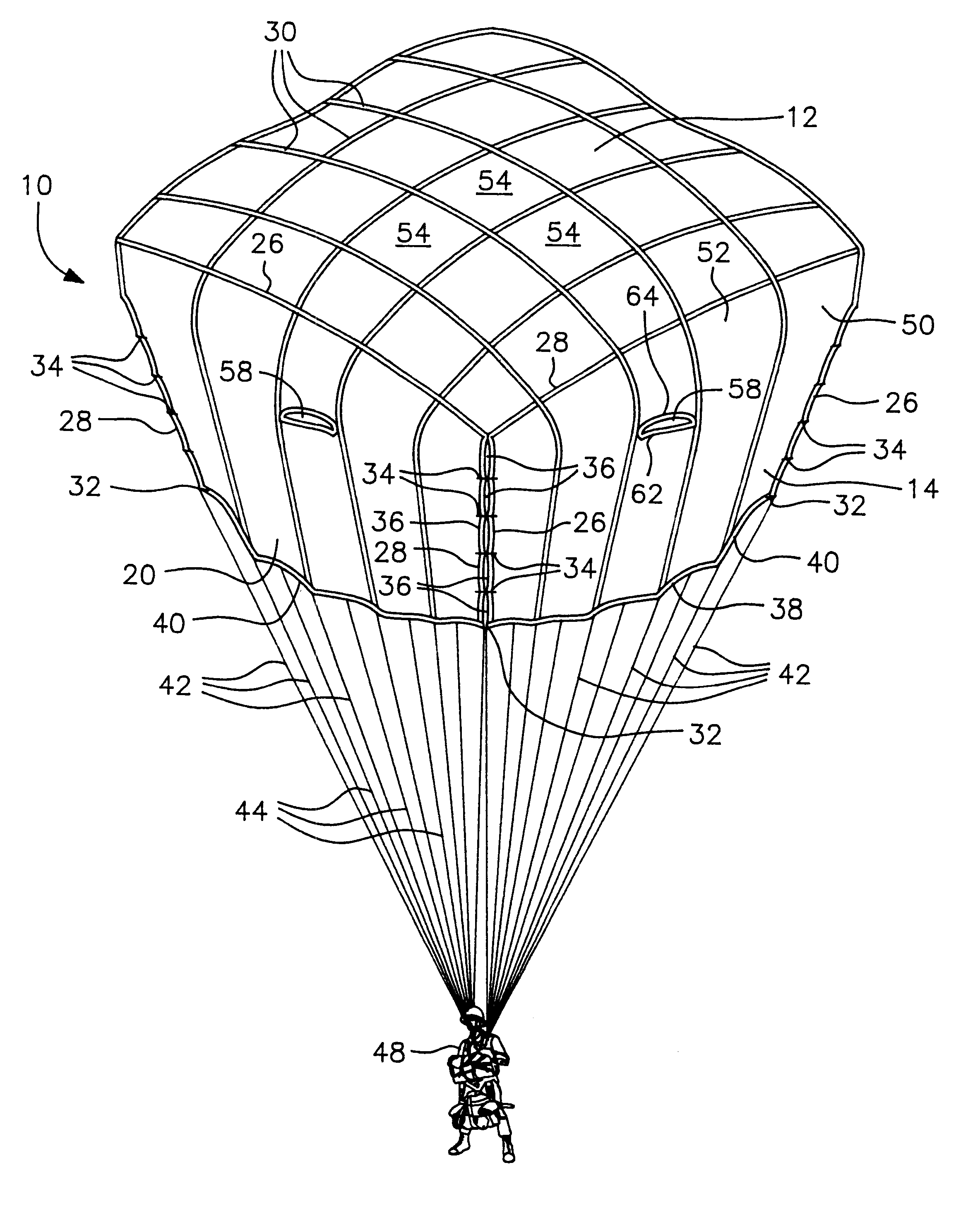Cruciform parachute with arms attached