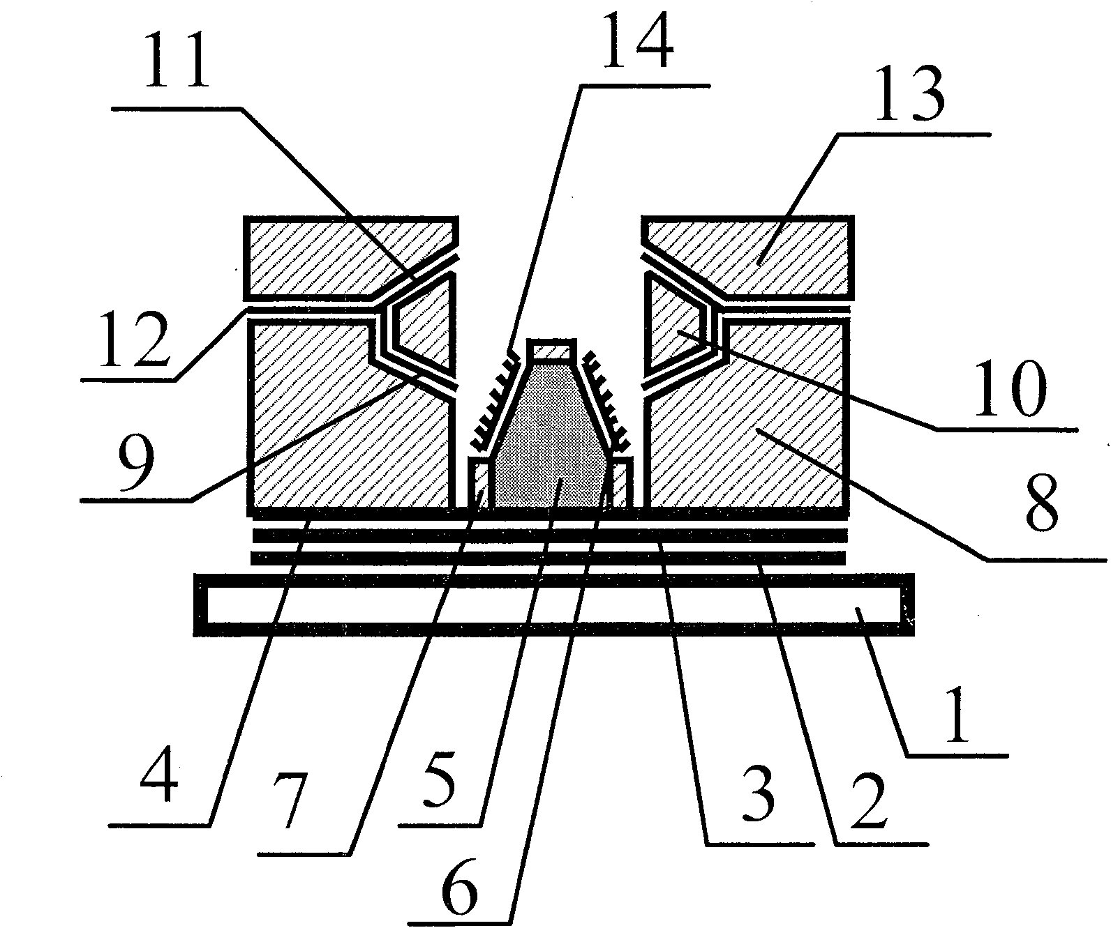 Flat panel display with bevelled grid controlled cathode structure in truncated cone form, and fabricating technique thereof