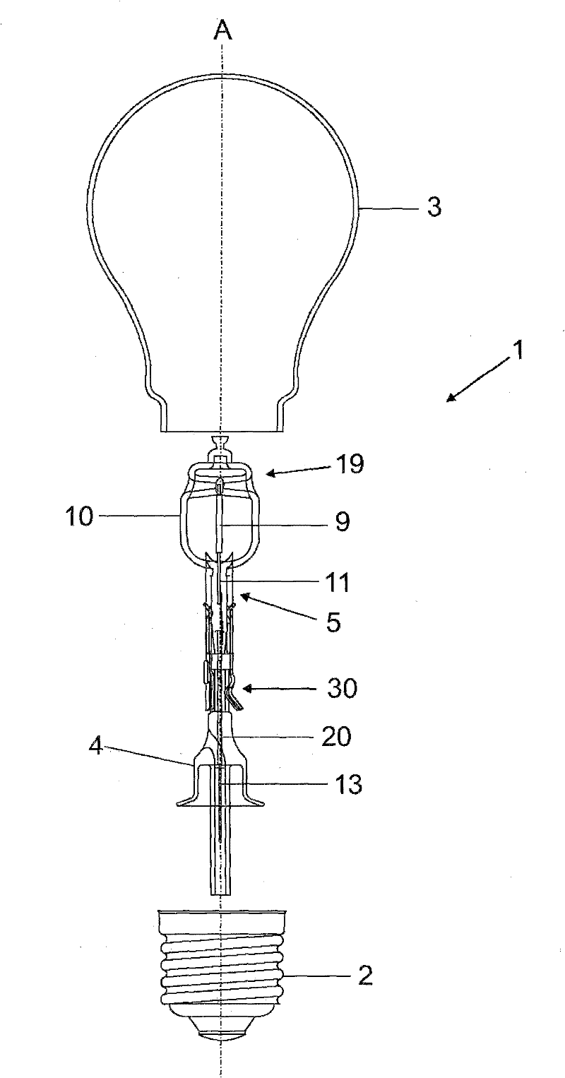 Electric lamp with an outer bulb and a built-in lamp and associated production method