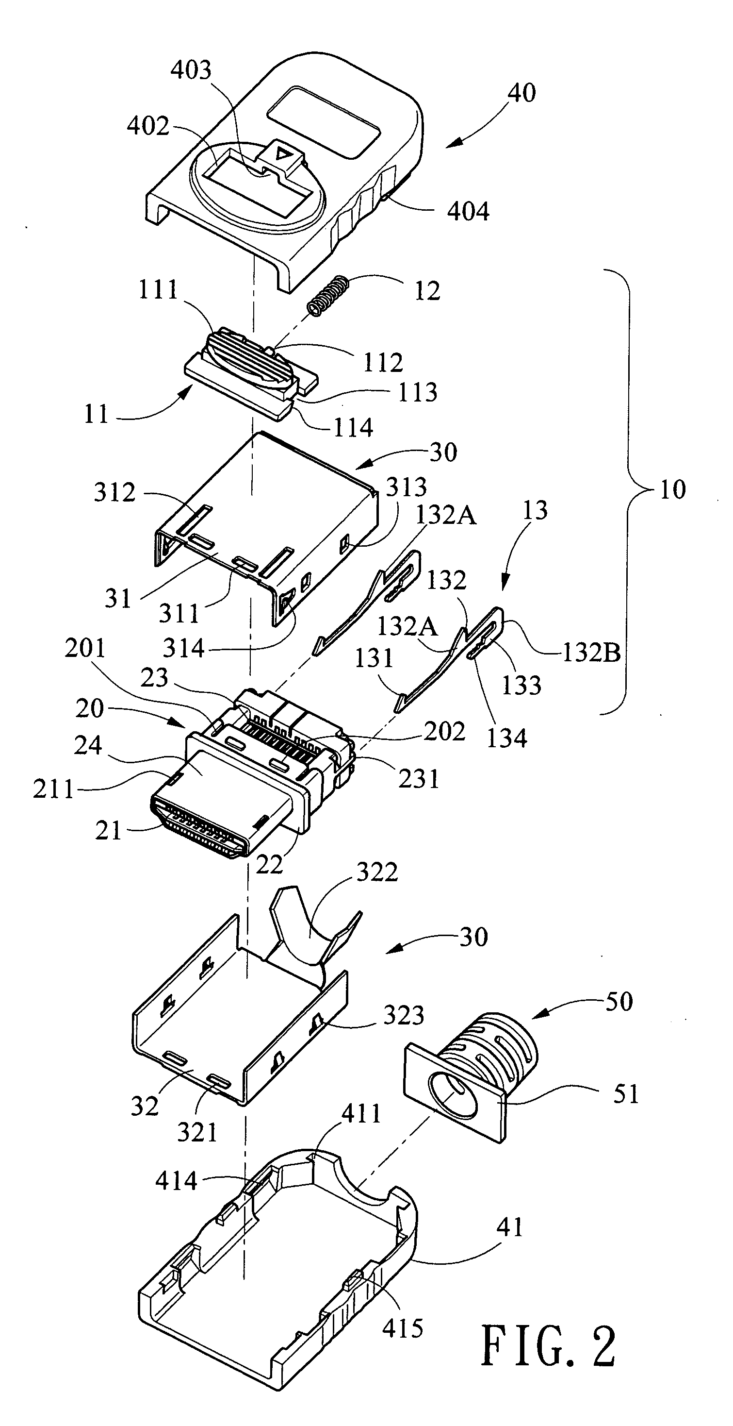 Electrical connector with a spring push button for disengagement with jack