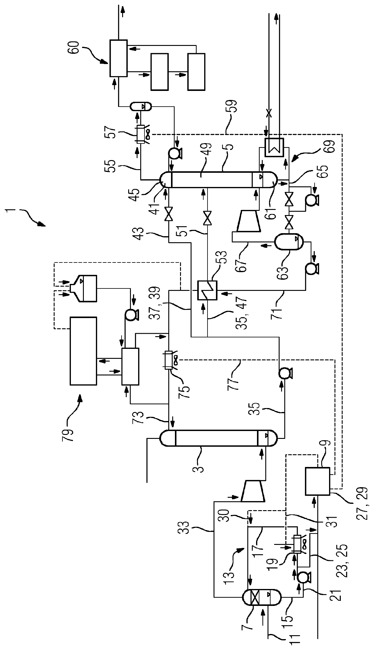 Device and method for separating carbon dioxide from a gas stream, in particular from a flue gas stream, comprising a cooling water system