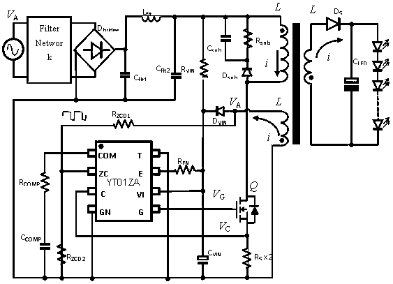 A drive circuit for a source-controlled constant-current output power supply regulated by load voltage