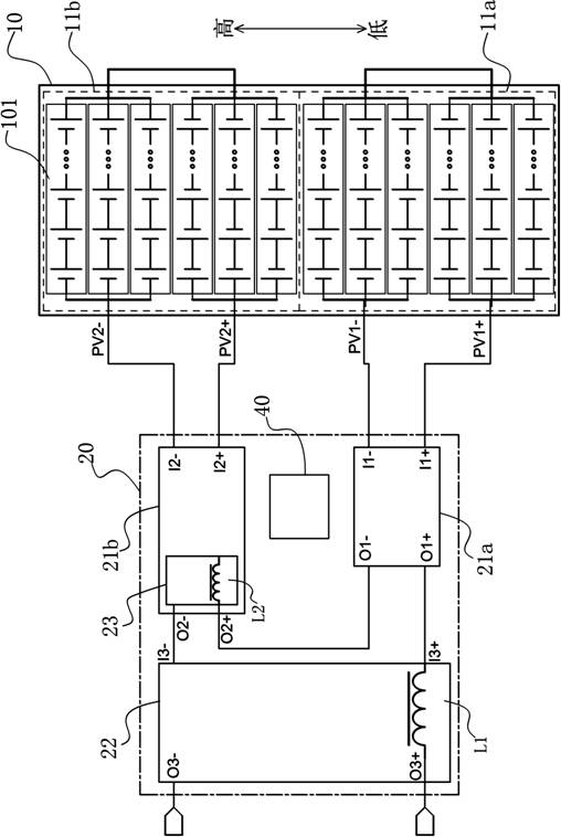 Asymmetric region power optimization device and photovoltaic module