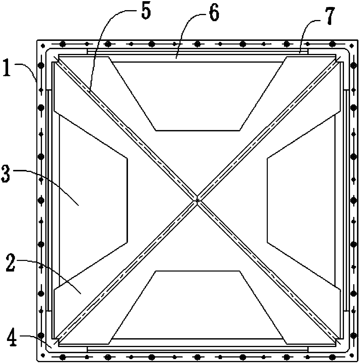A square frame type fragile protection cover structure with large positive and negative pressure difference