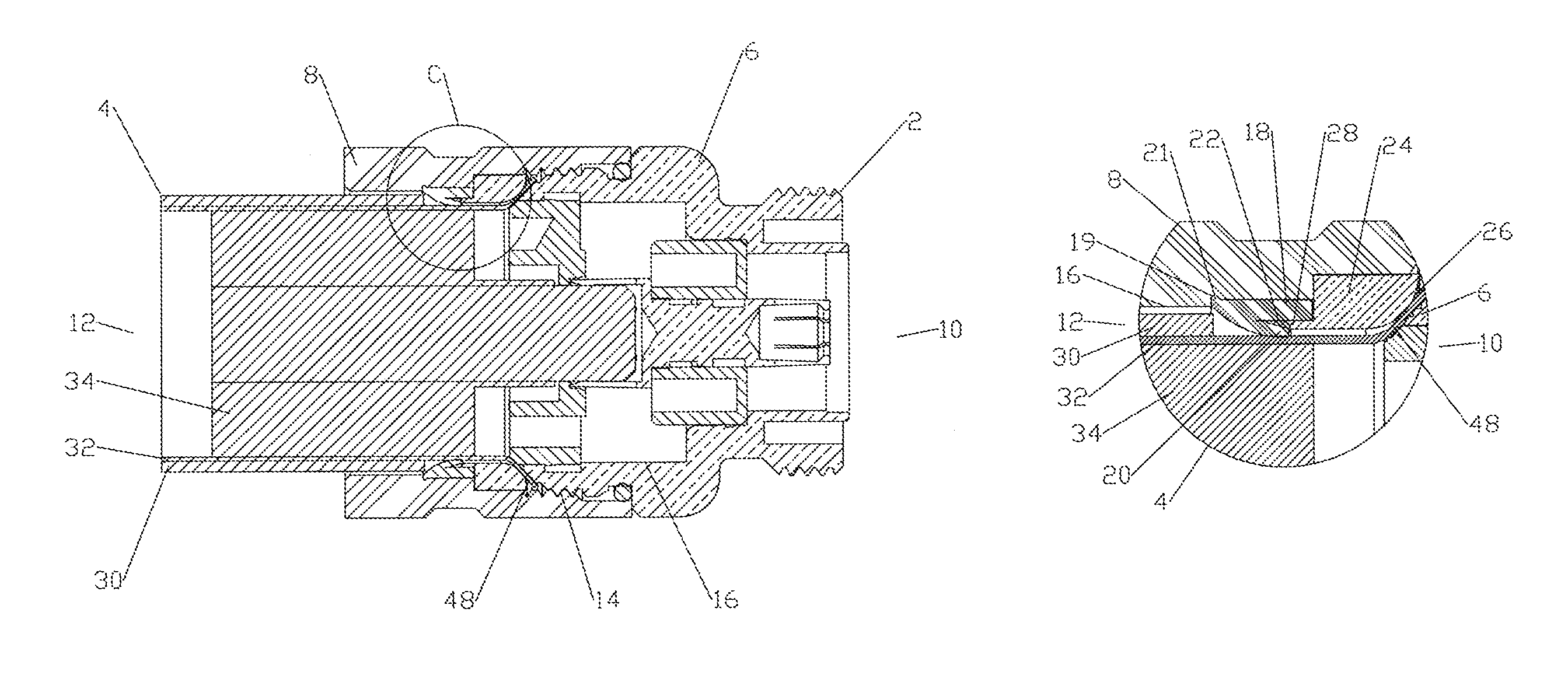 Coaxial connector with cable diameter adapting seal assembly and interconnection method