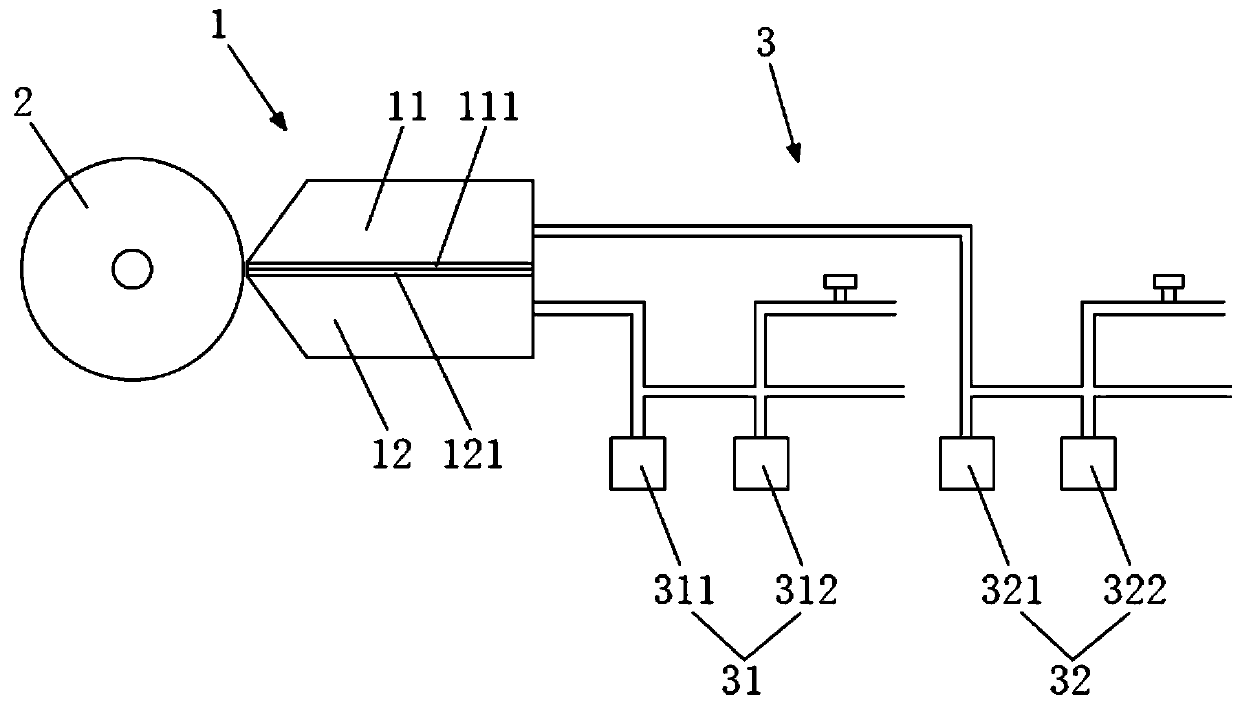 Double-die head coating device and pole piece coating process thereof