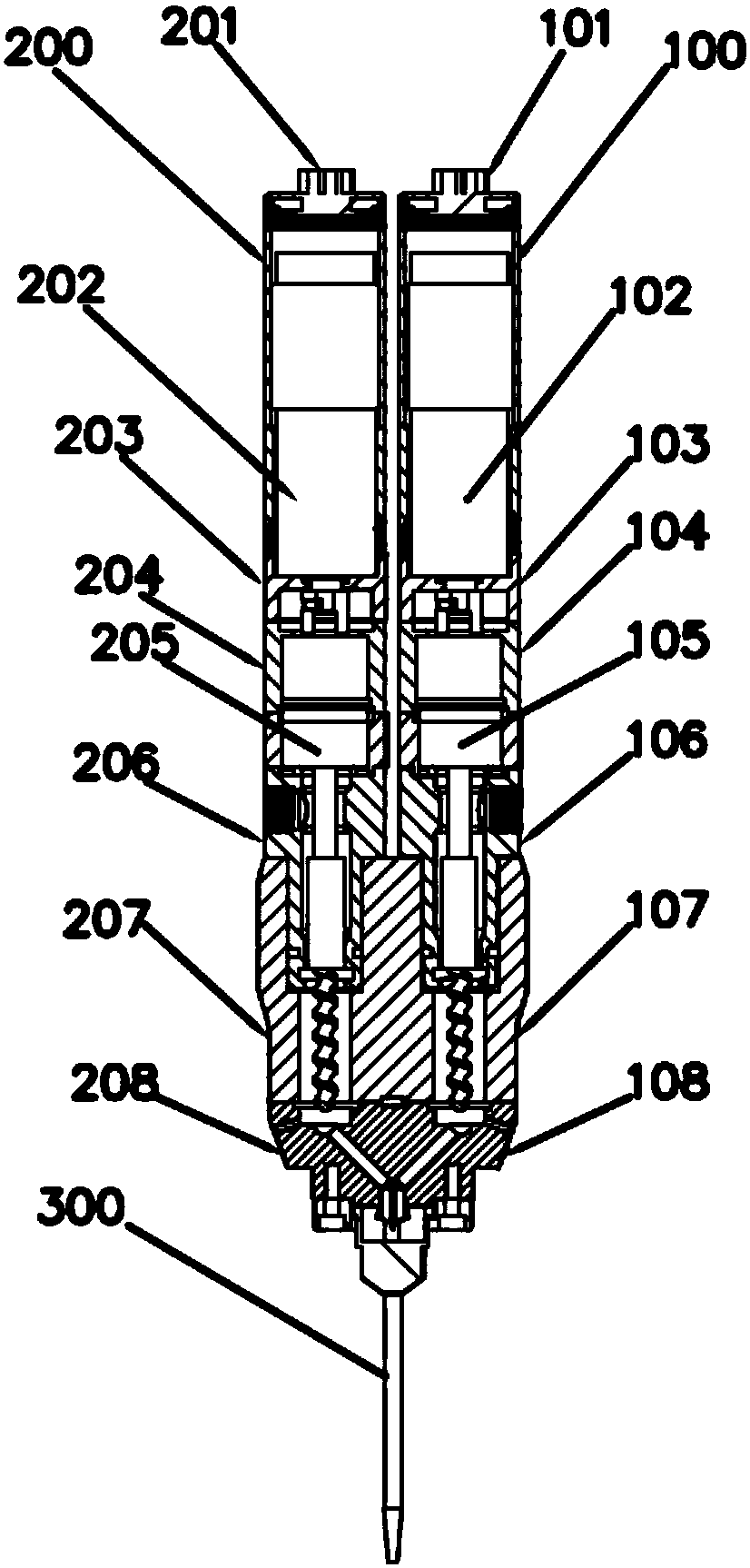 Double-liquid adhesive-dispensing device