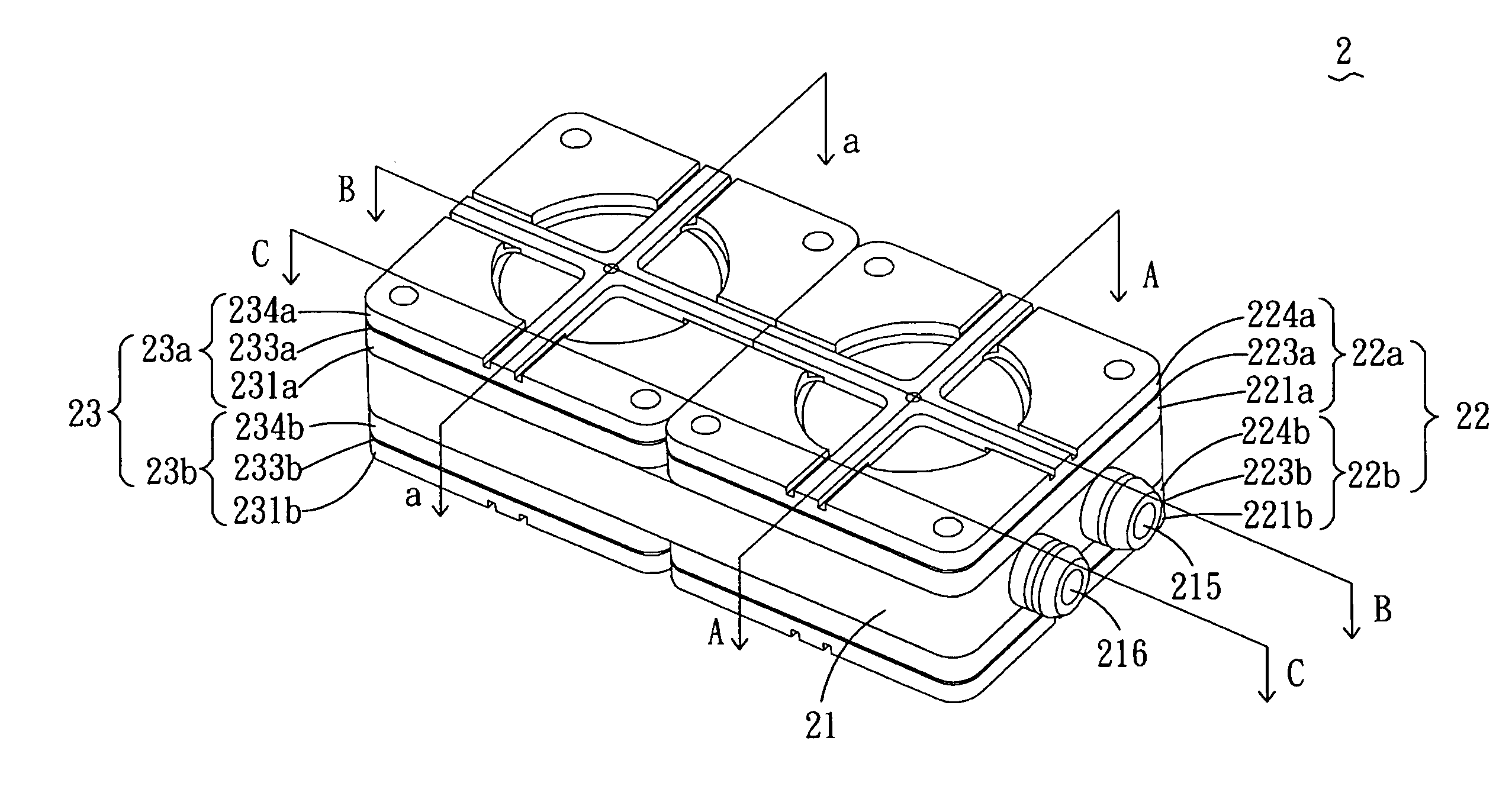 Fluid transportation device having multiple double-chamber actuating structrures