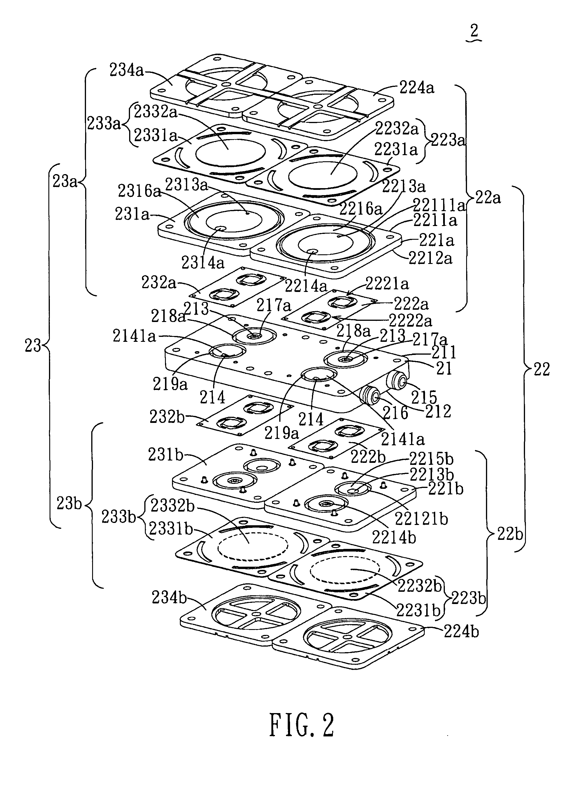 Fluid transportation device having multiple double-chamber actuating structrures