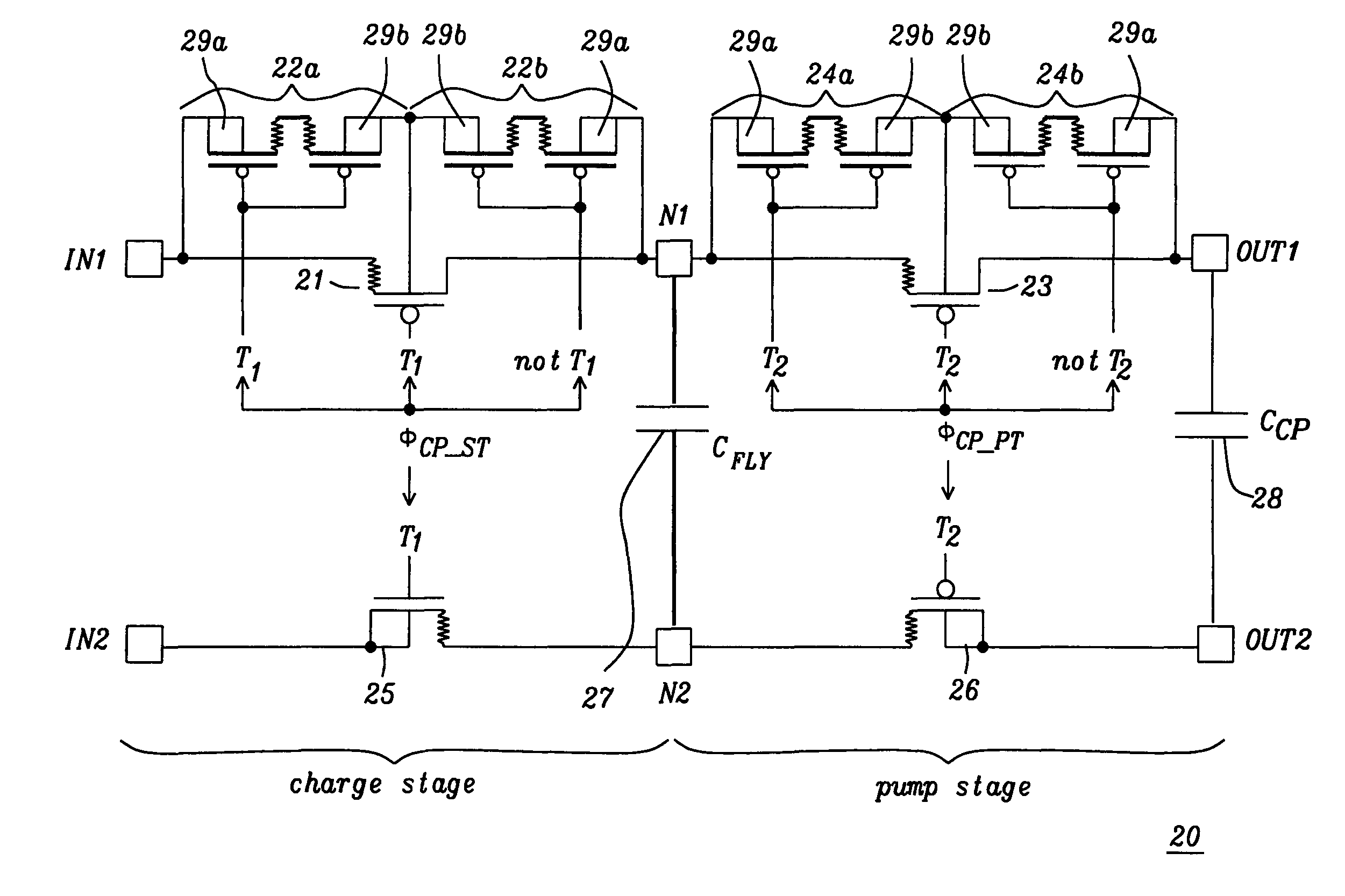 HVNMOS/HVPMOS switched capacitor charge pump having ideal charge transfer