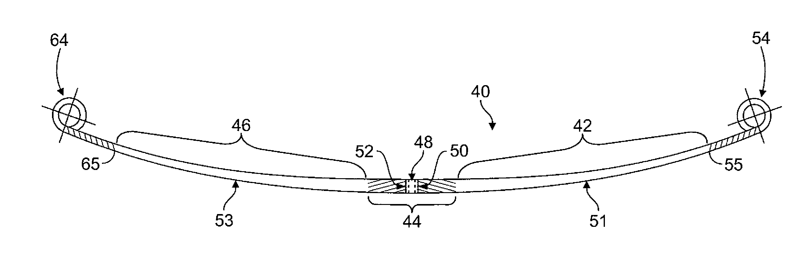 Leaf spring and method of manufacture thereof having sections with different levels of through hardness