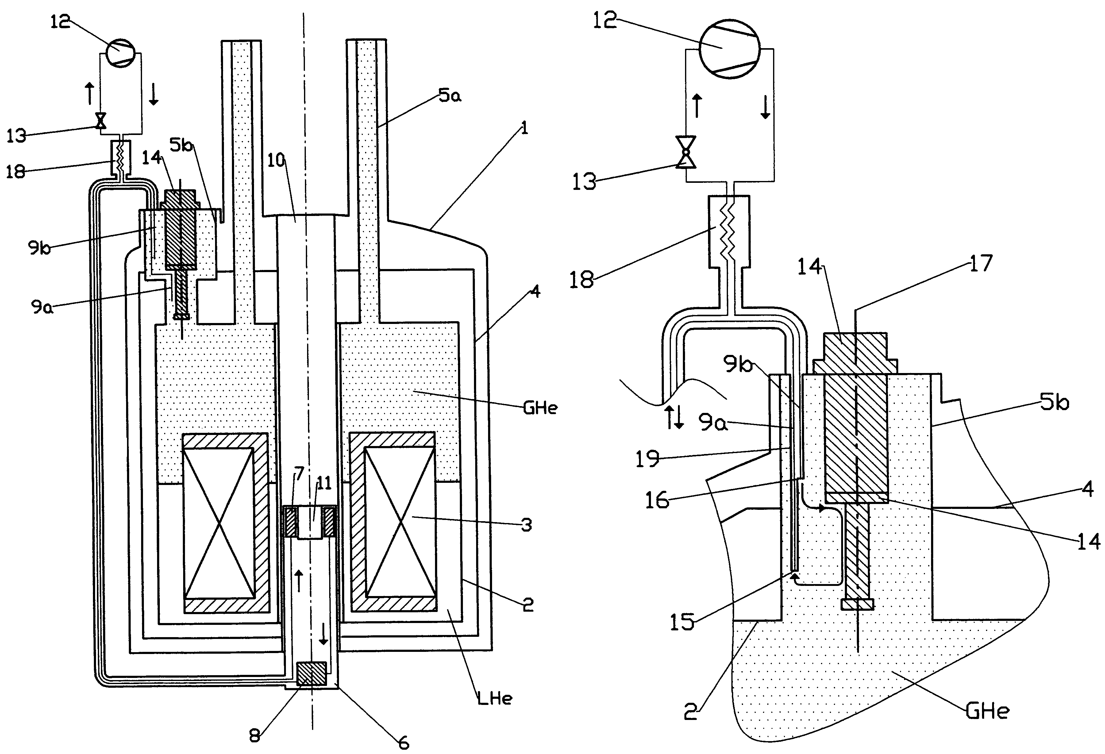 NMR spectrometer with common refrigerator for cooling an NMR probe head and cryostat