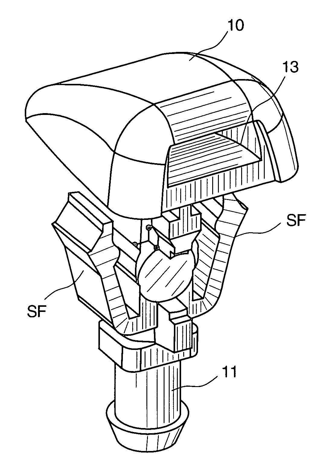 Washer nozzle with integrated adjustable aim fluidic insert (chip) and method