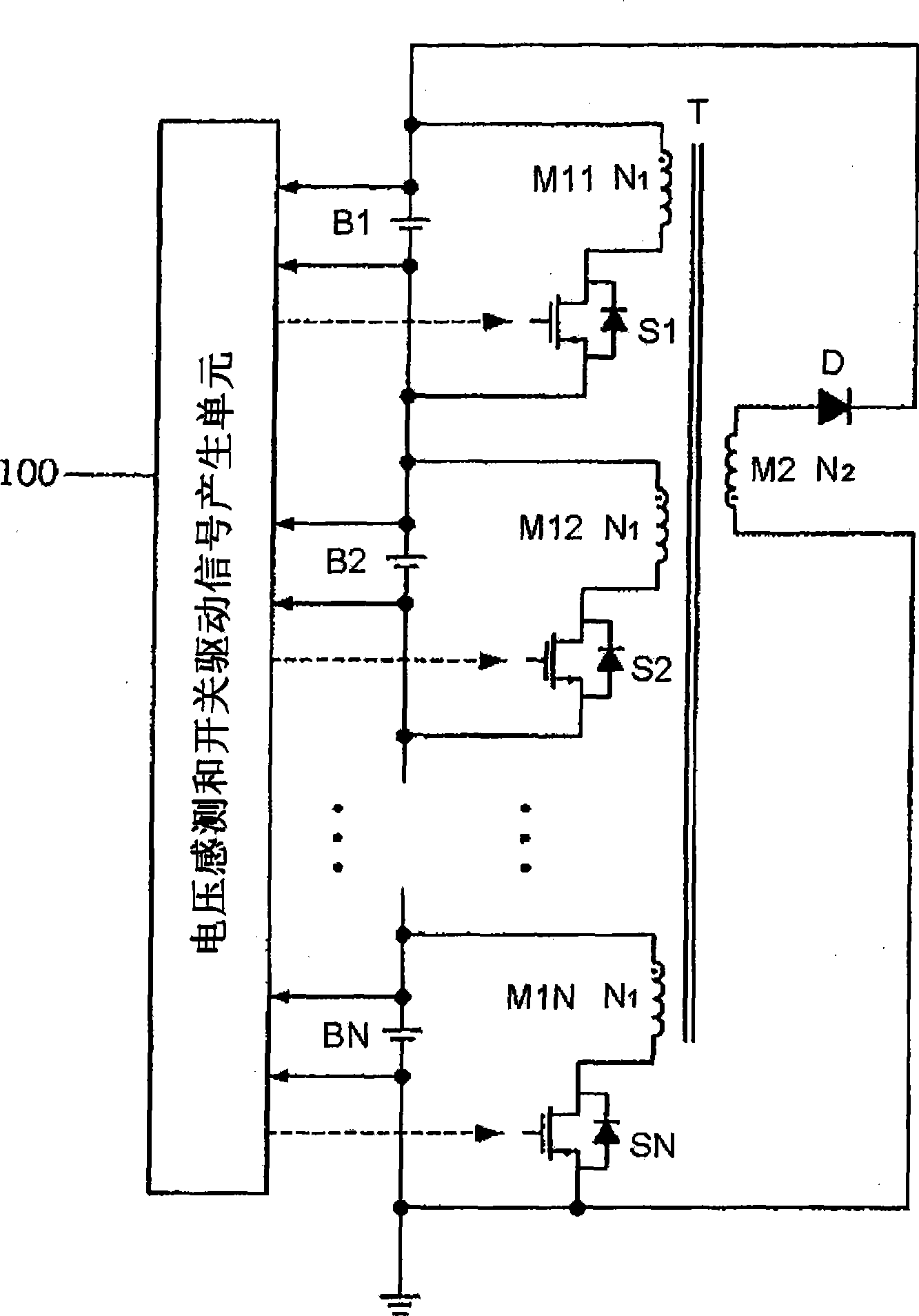 Charge equalization apparatus with parallel connection of secondary windings of multiple transformers