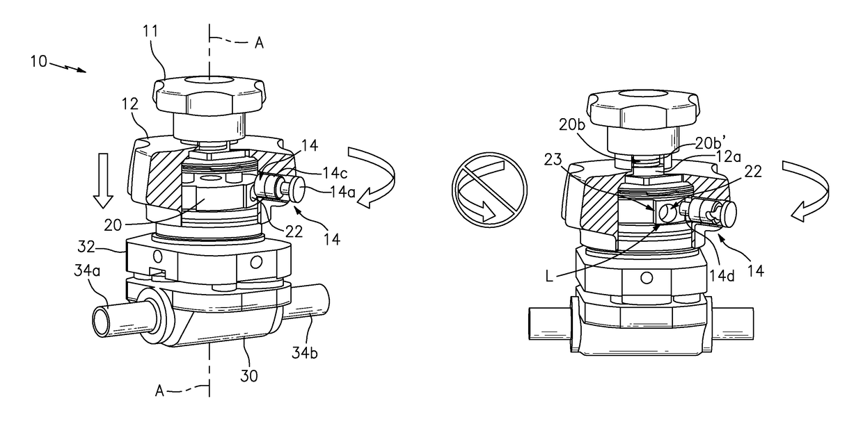 Final position locking feature of multi-turn rotational device having an axially translating wheel or a clocked lock passage gear