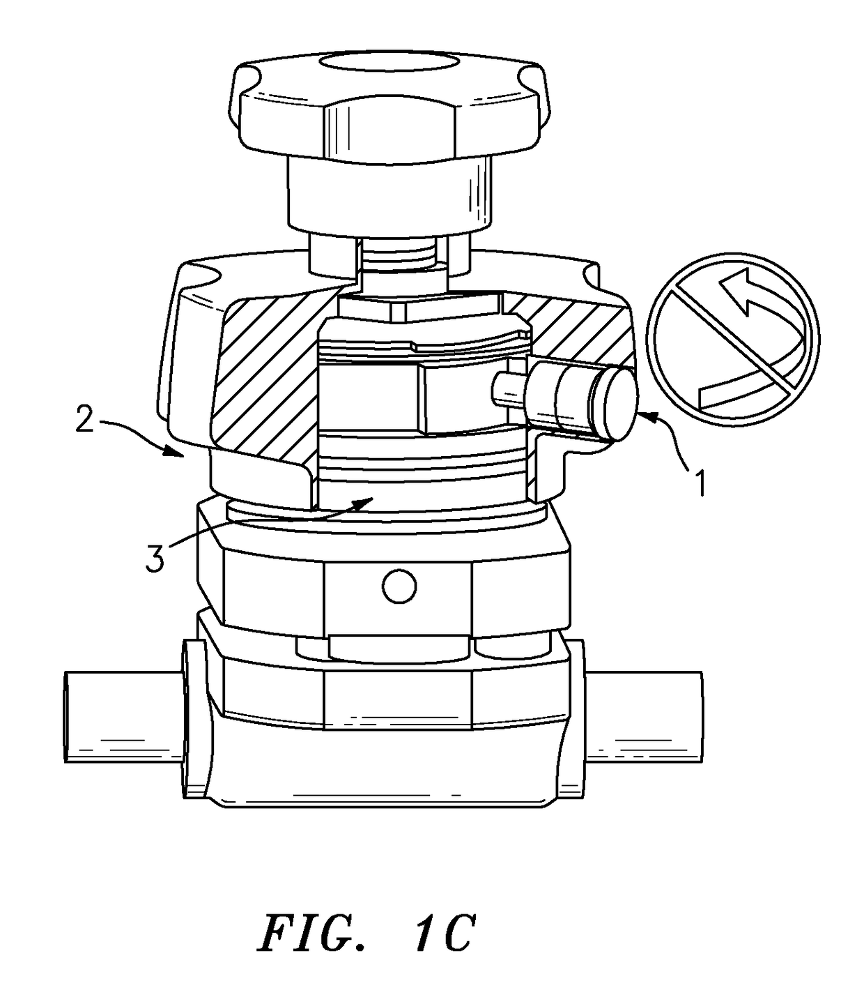 Final position locking feature of multi-turn rotational device having an axially translating wheel or a clocked lock passage gear