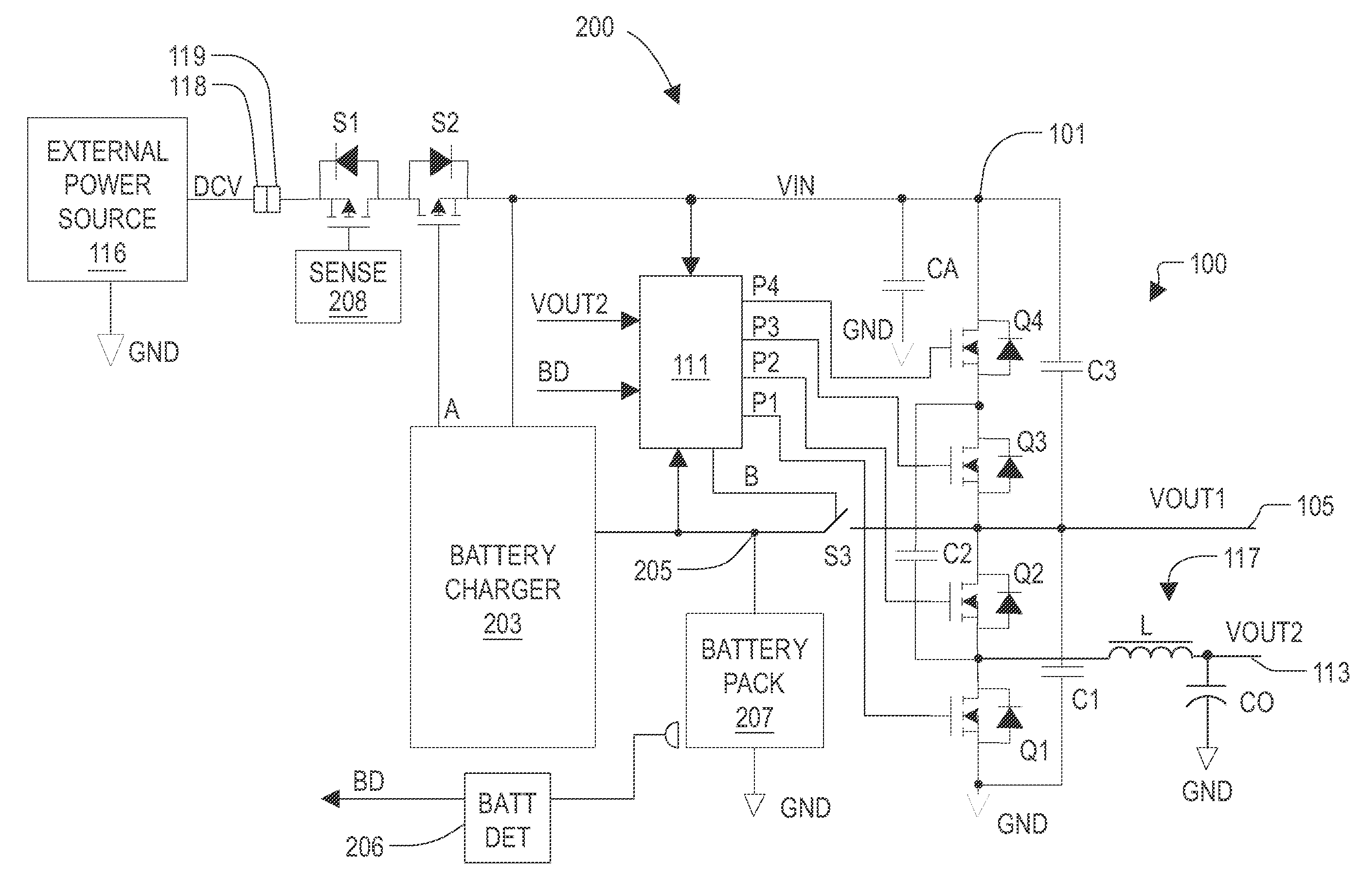 Voltage converter with combined buck converter and capacitive voltage divider