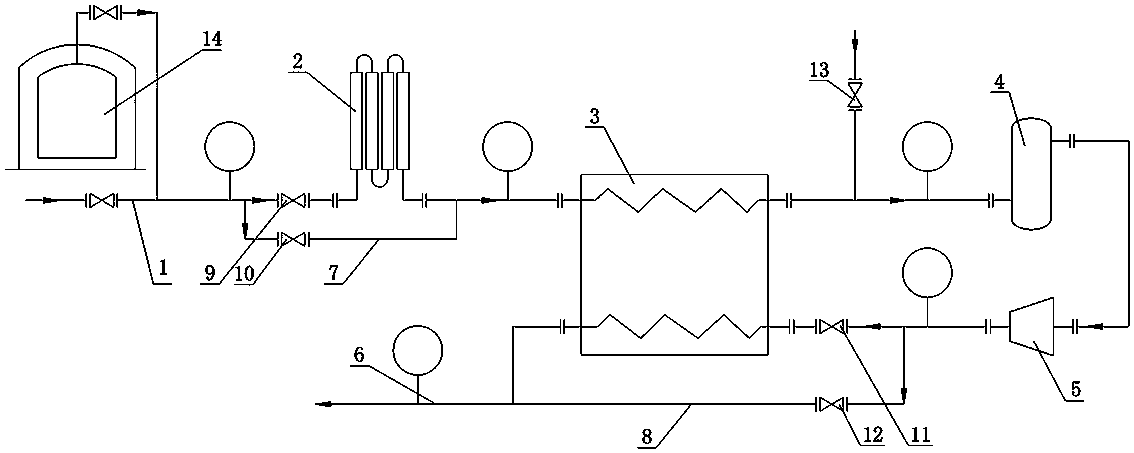 Low-temperature BOG (Boil off Gas) gas cold energy recovering device and process