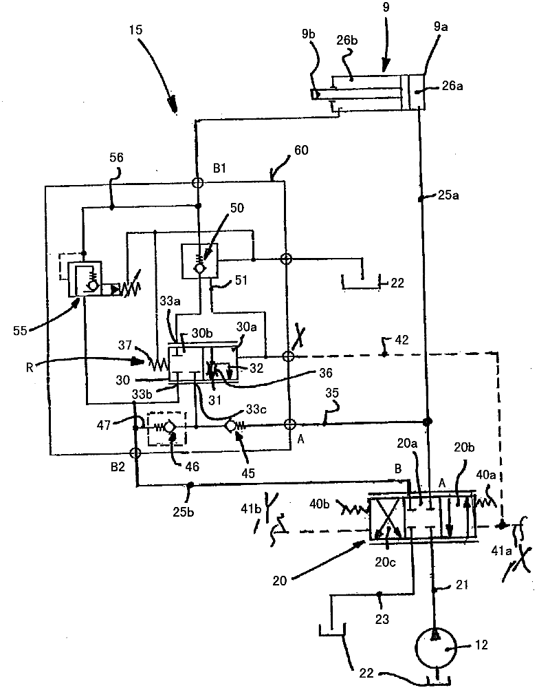 Control valve device of double-acting arm cylinder for operating mobile working machine