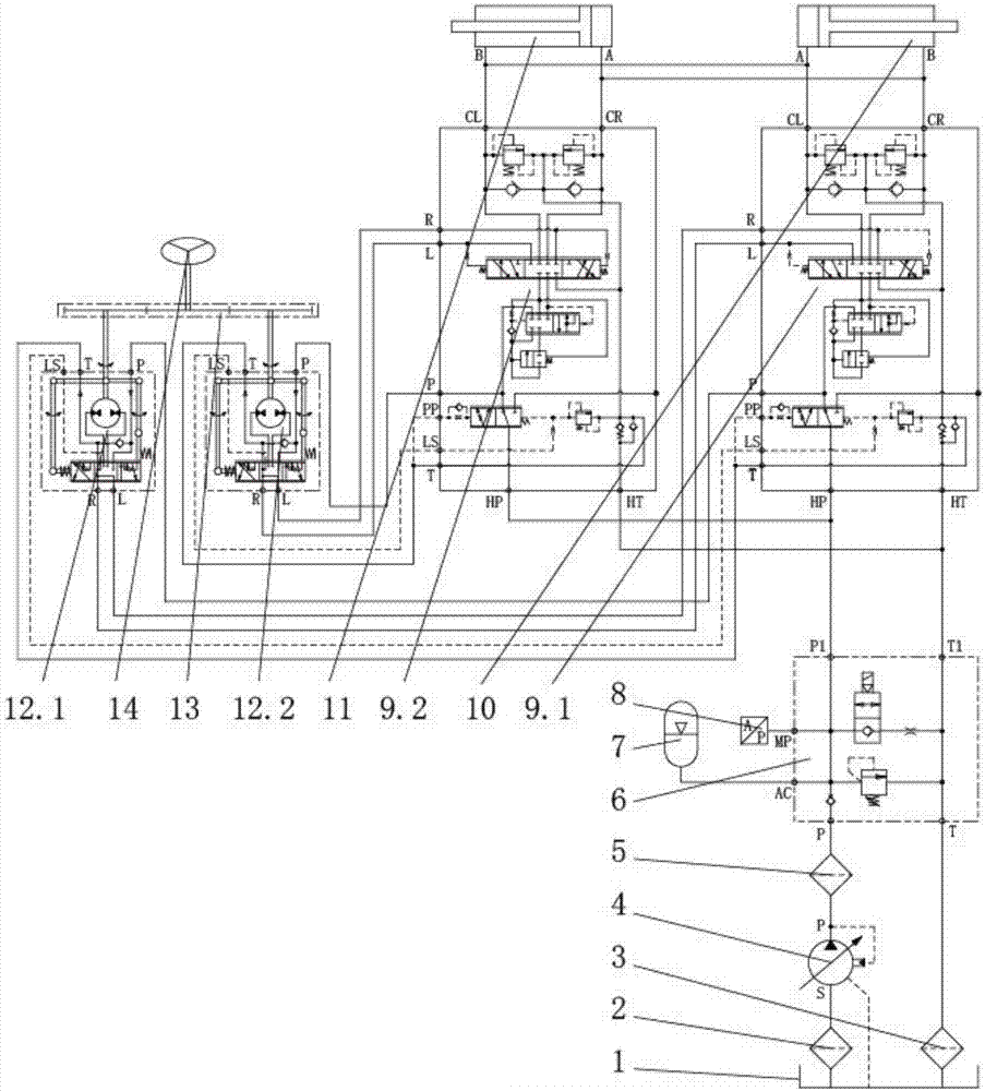 An off-highway mining dump truck hydraulic steering system