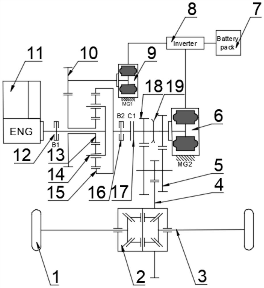 An input-split two-speed transmission system for a hybrid vehicle and the vehicle